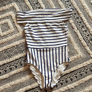 Solid and Striped Vera Off the Shoulder Nautical One Piece - Size Medium